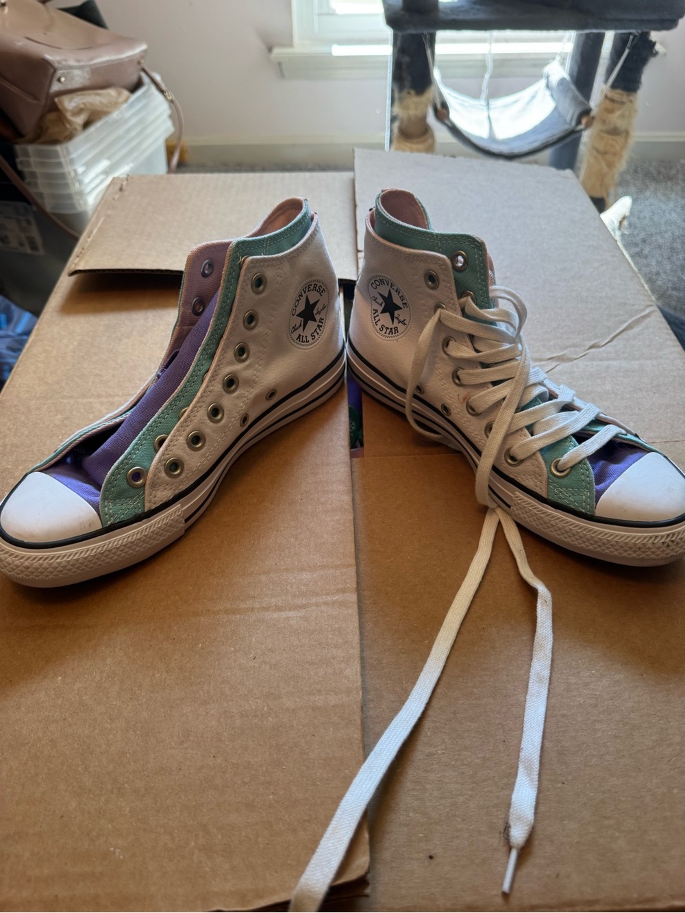 Converse High Top Sneakers in White with Purple & Mint Accents